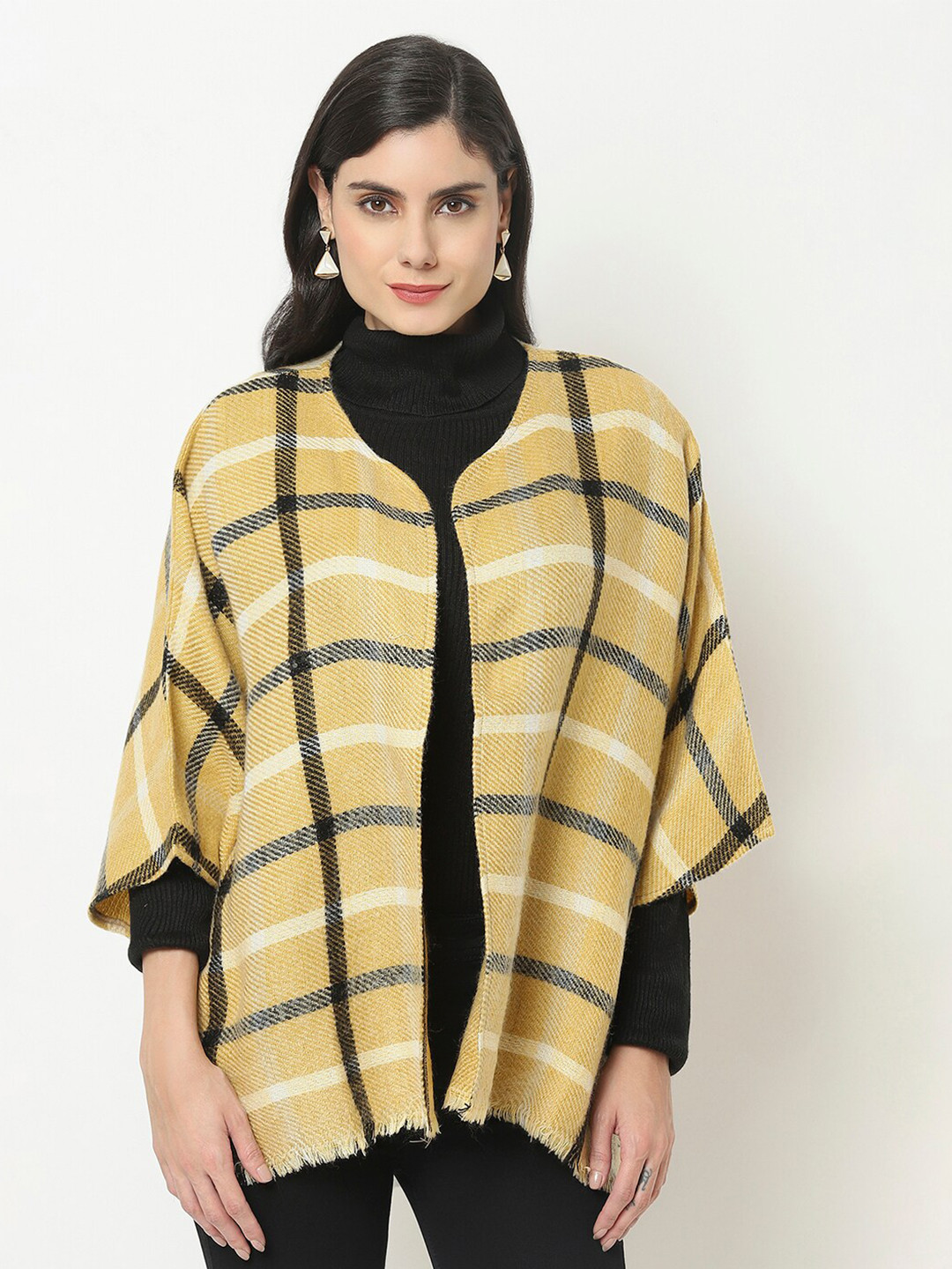 Owncraft Women Mustard & Black Checked Checked Wool Poncho