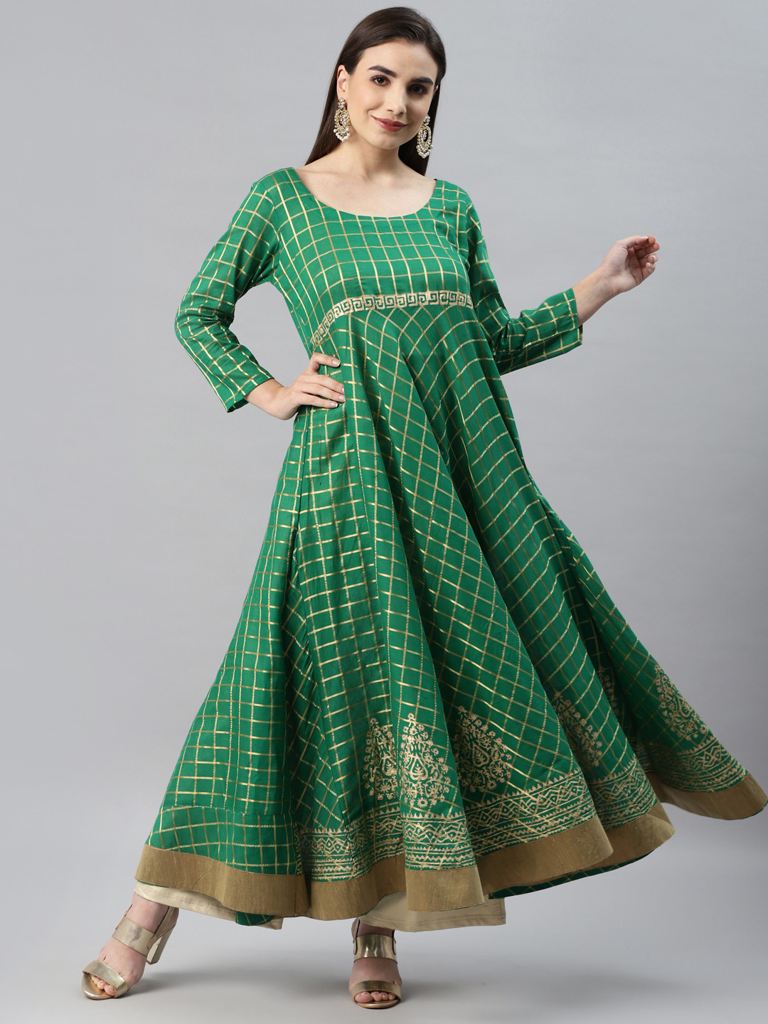 MBE Women Green & Gold-Toned Checked Block Print Anarkali Kurta