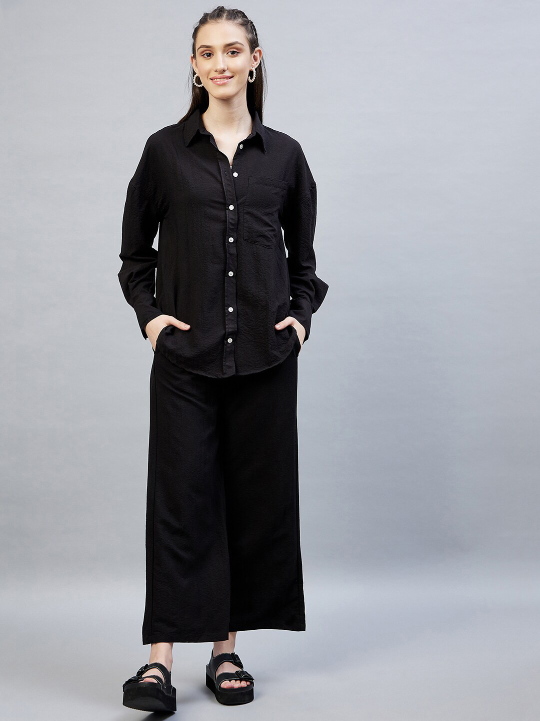 DELAN Women Black Solid Pure Cotton Shirt and Trousers