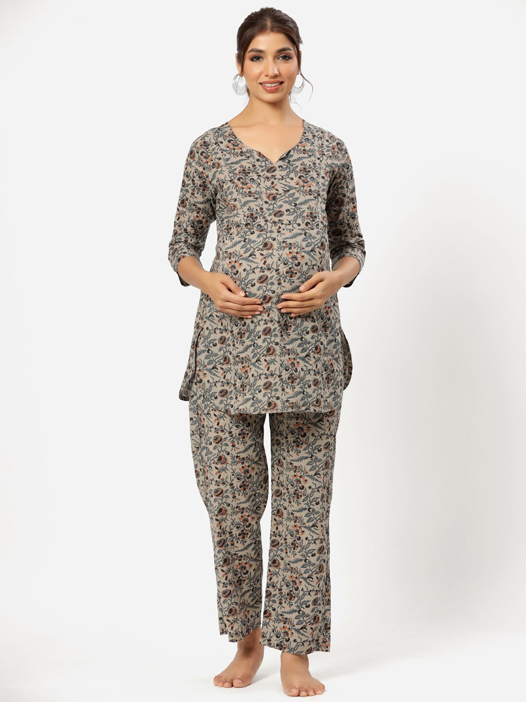 CRAFIQA Women Grey & Green Printed Pure Cotton Maternity & Nursing Night Suit