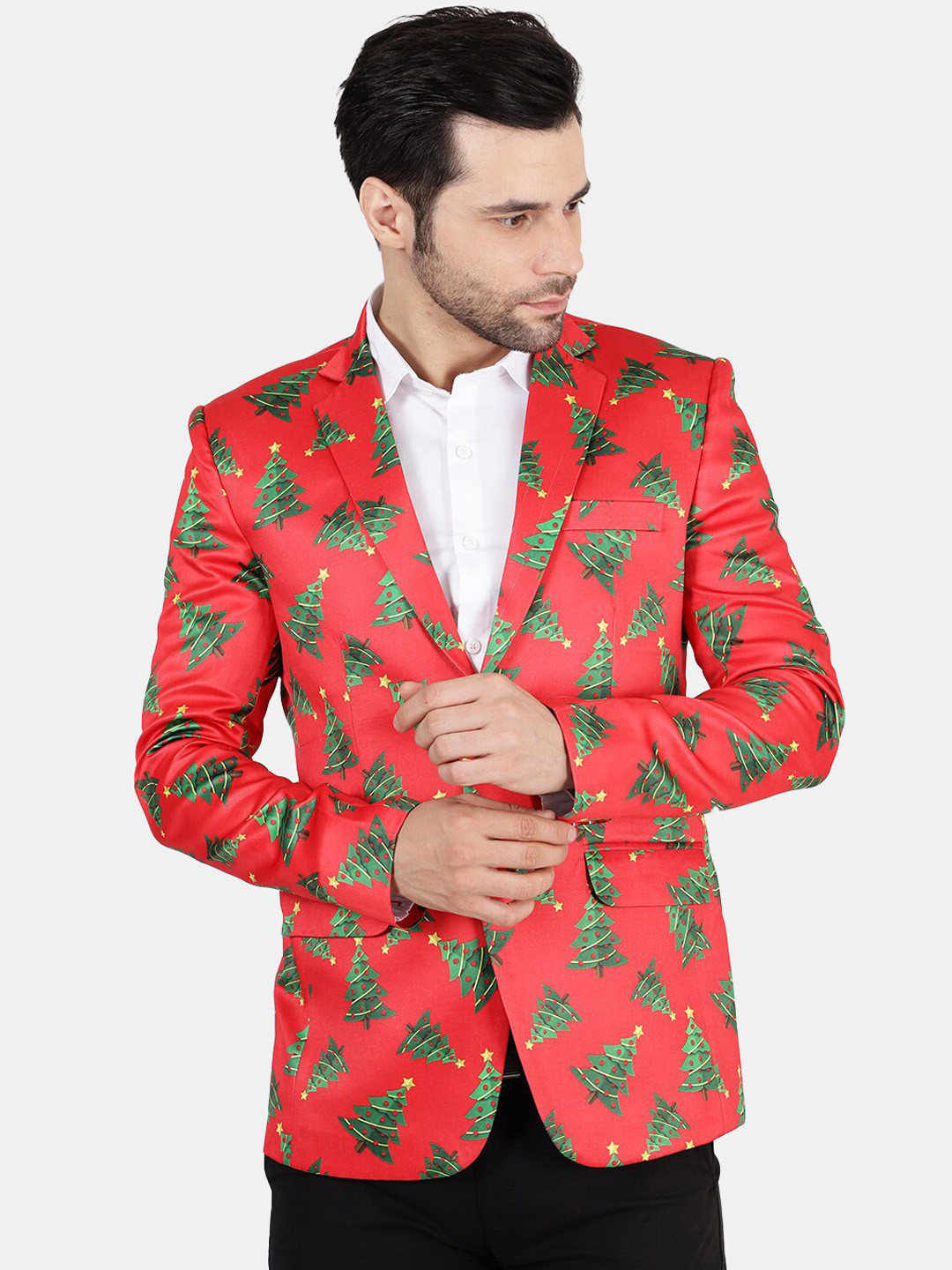 Wintage Men Red Printed Christmas Blazer