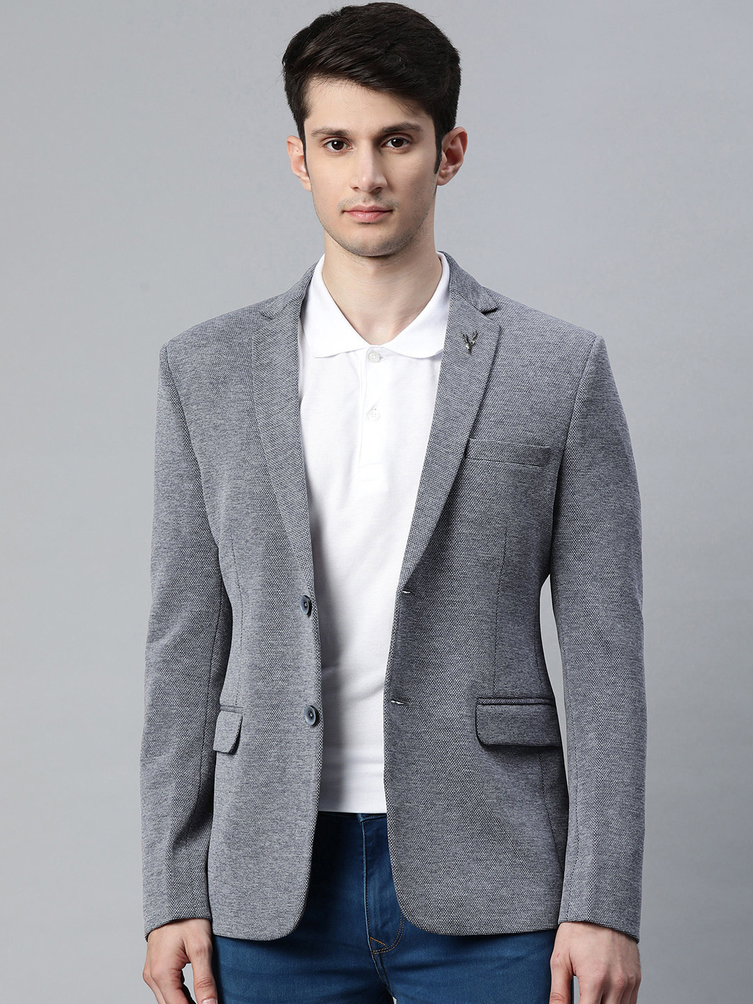 ESSAS club Men Grey Textured Single Breasted Regular Fit Blazer with Lapel Pin