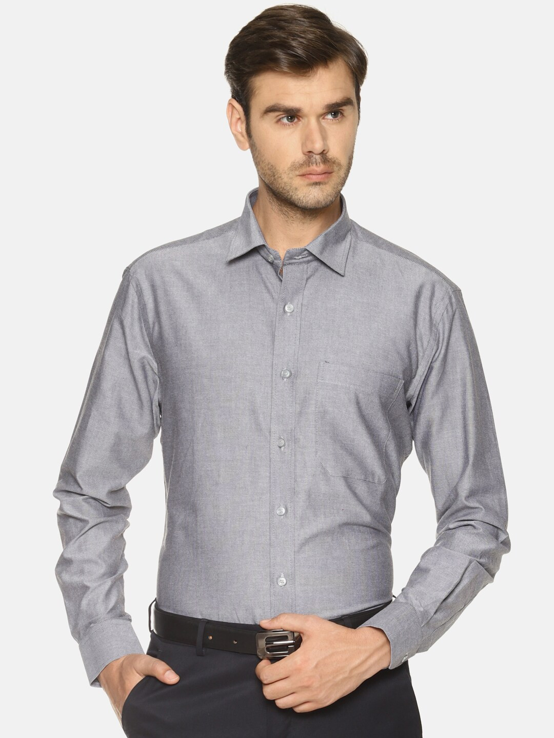 OBOW Men Grey Classic Pure Cotton Formal Shirt