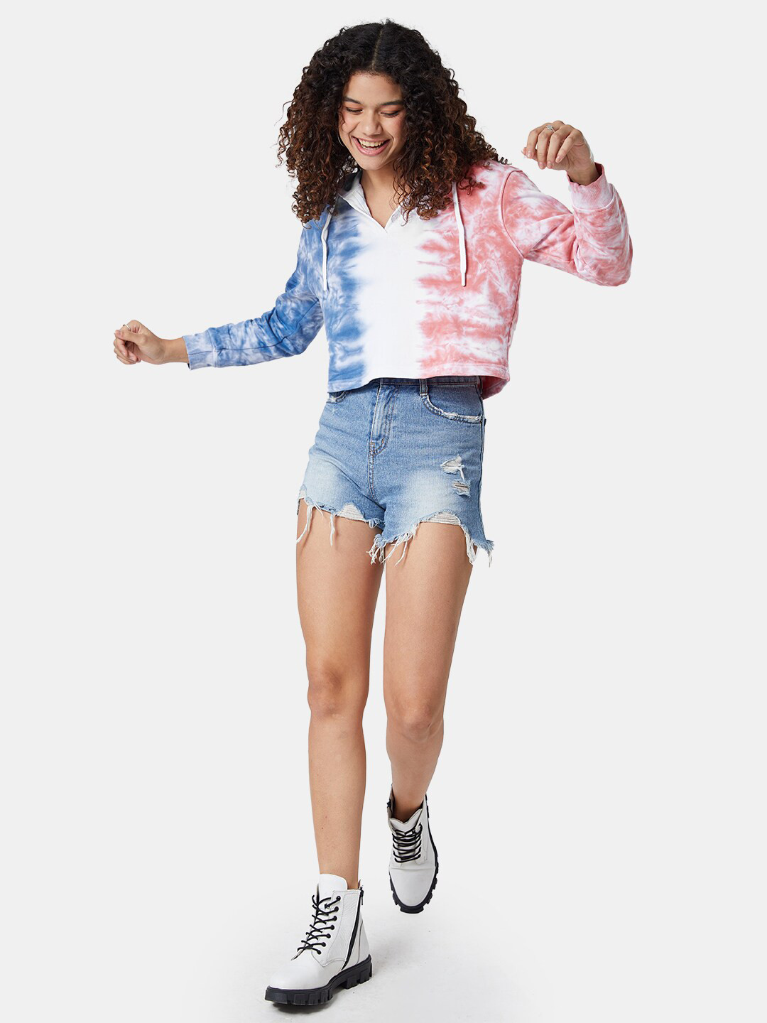 The Souled Store Women Blue & Pink Tie Dye Hooded Pure Cotton Oversized Sweatshirt