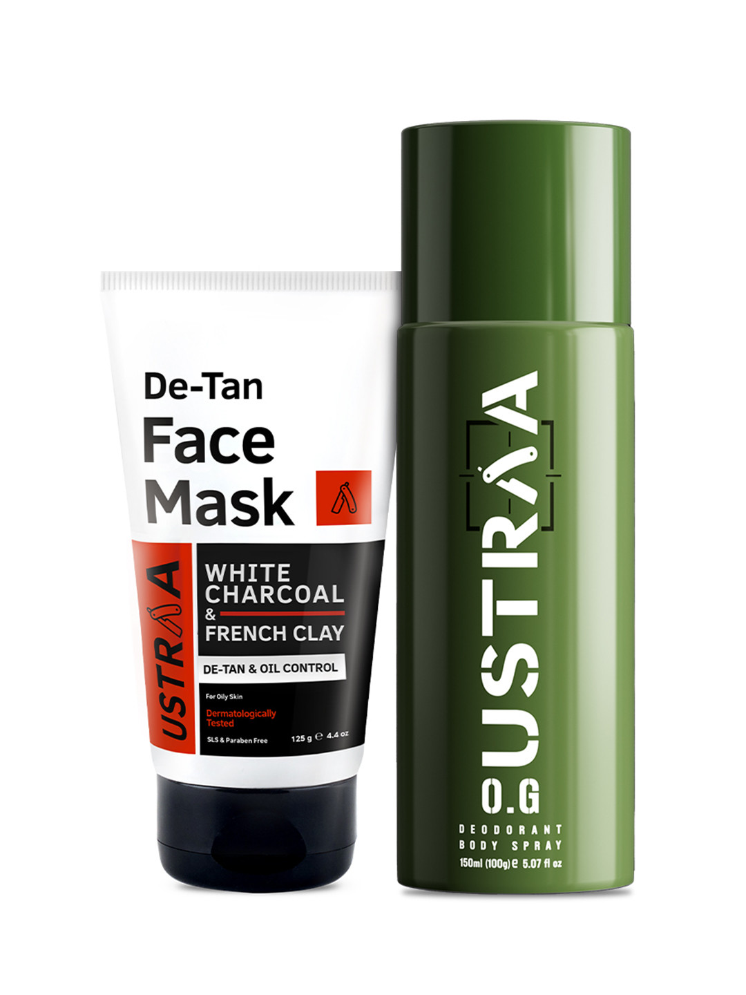 Ustraa Men Set of O.G. Deodorant Body Spray 150 ml + De Tan Face Mask for Oily Skin 125 g