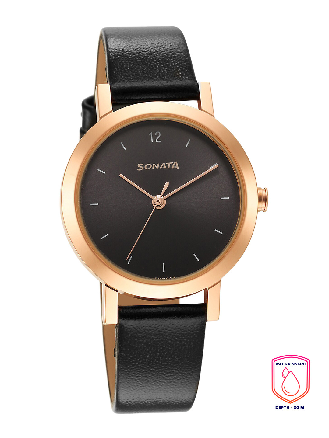 Sonata Women Black Brass Dial & Black Leather Straps Analogue Watch 8174WL01