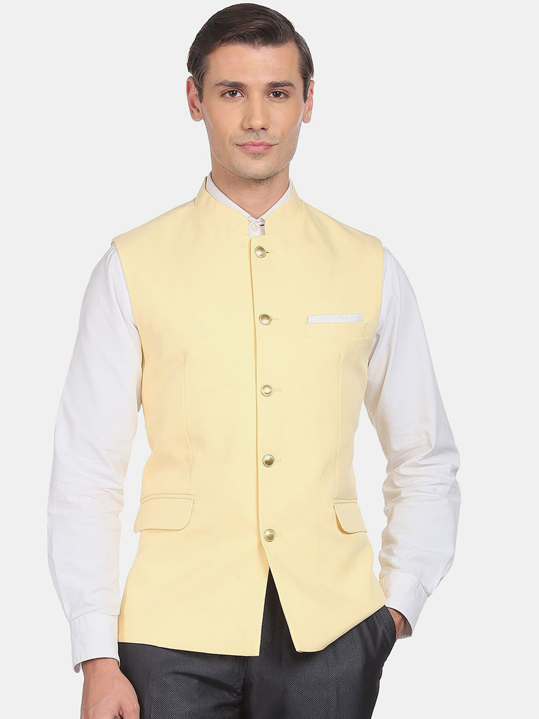 AD By Arvind Men Yellow Solid Woven Nehru Jacket