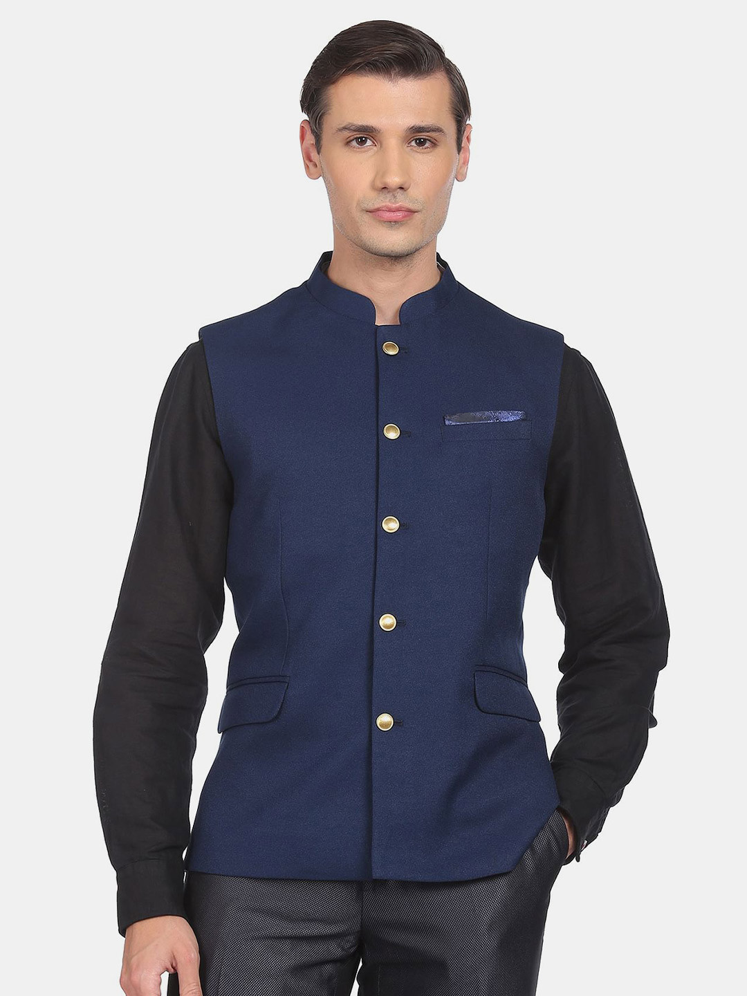 Navy Blue Raymond Nehru Jacket Woolen Raymond Sleeveless Self