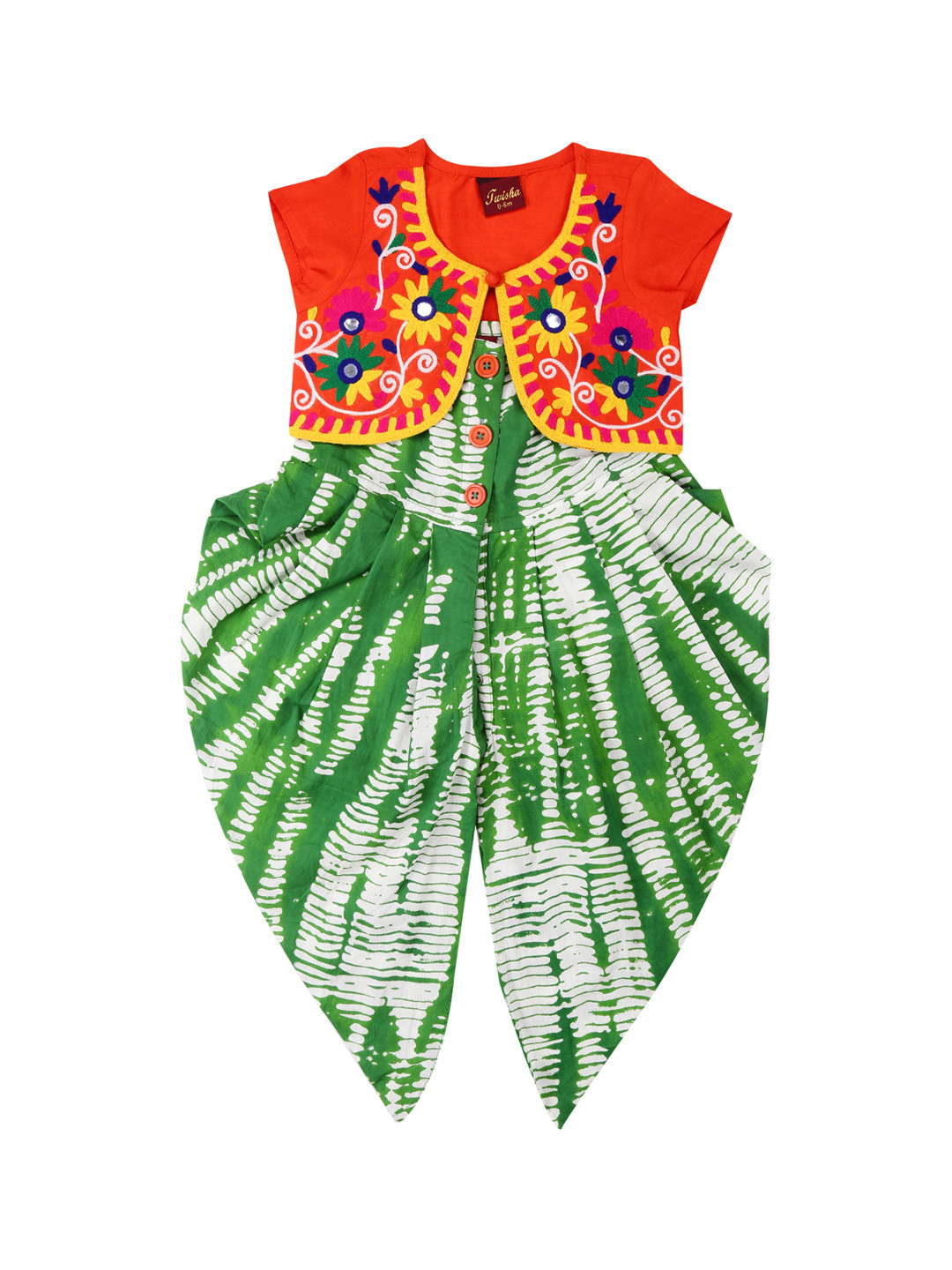 Twisha Girls Green & Orange Printed Jumpsuit with Jacket