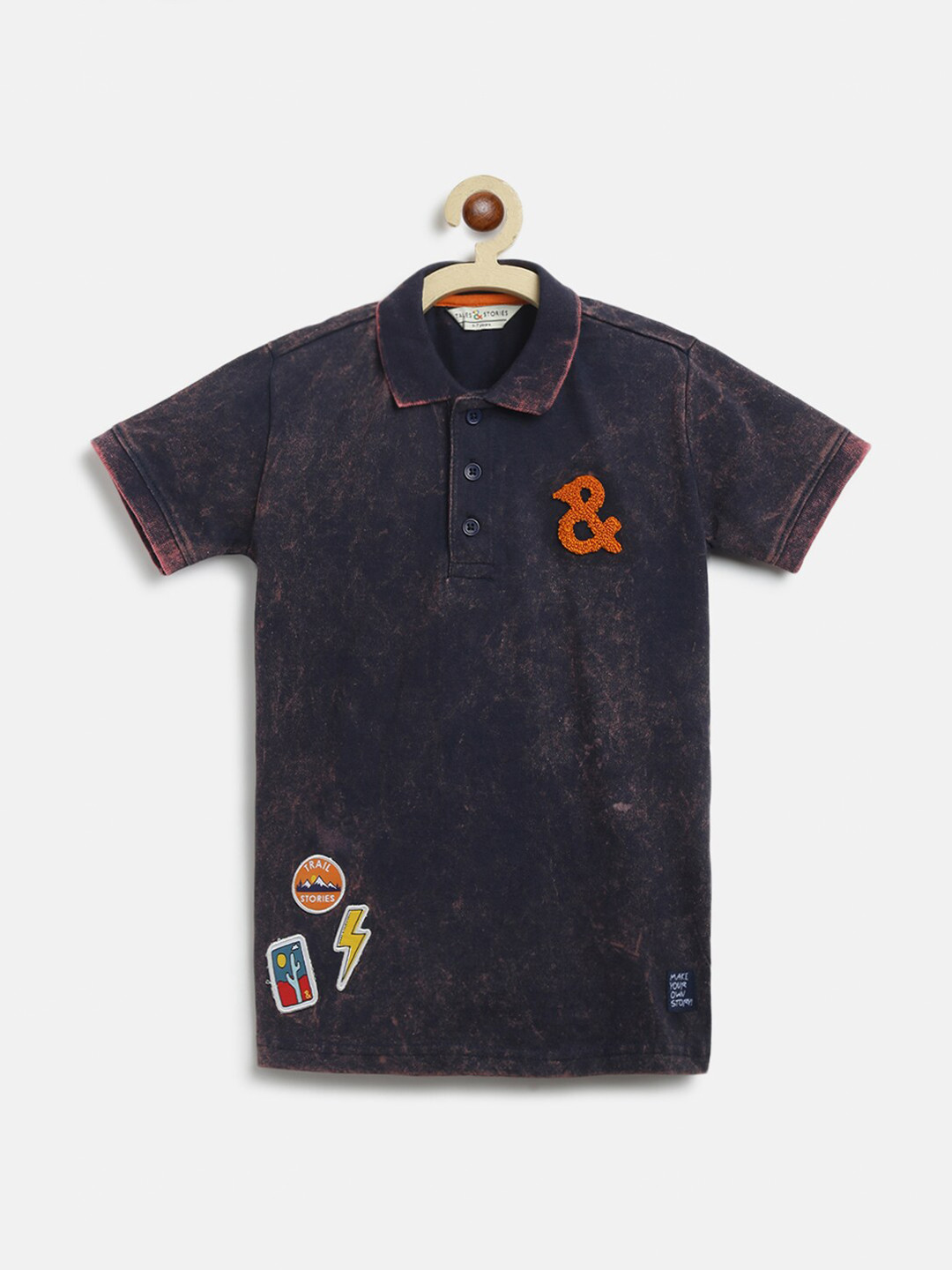 TALES & STORIES Boys Navy Blue Polo Collar Applique T-shirt