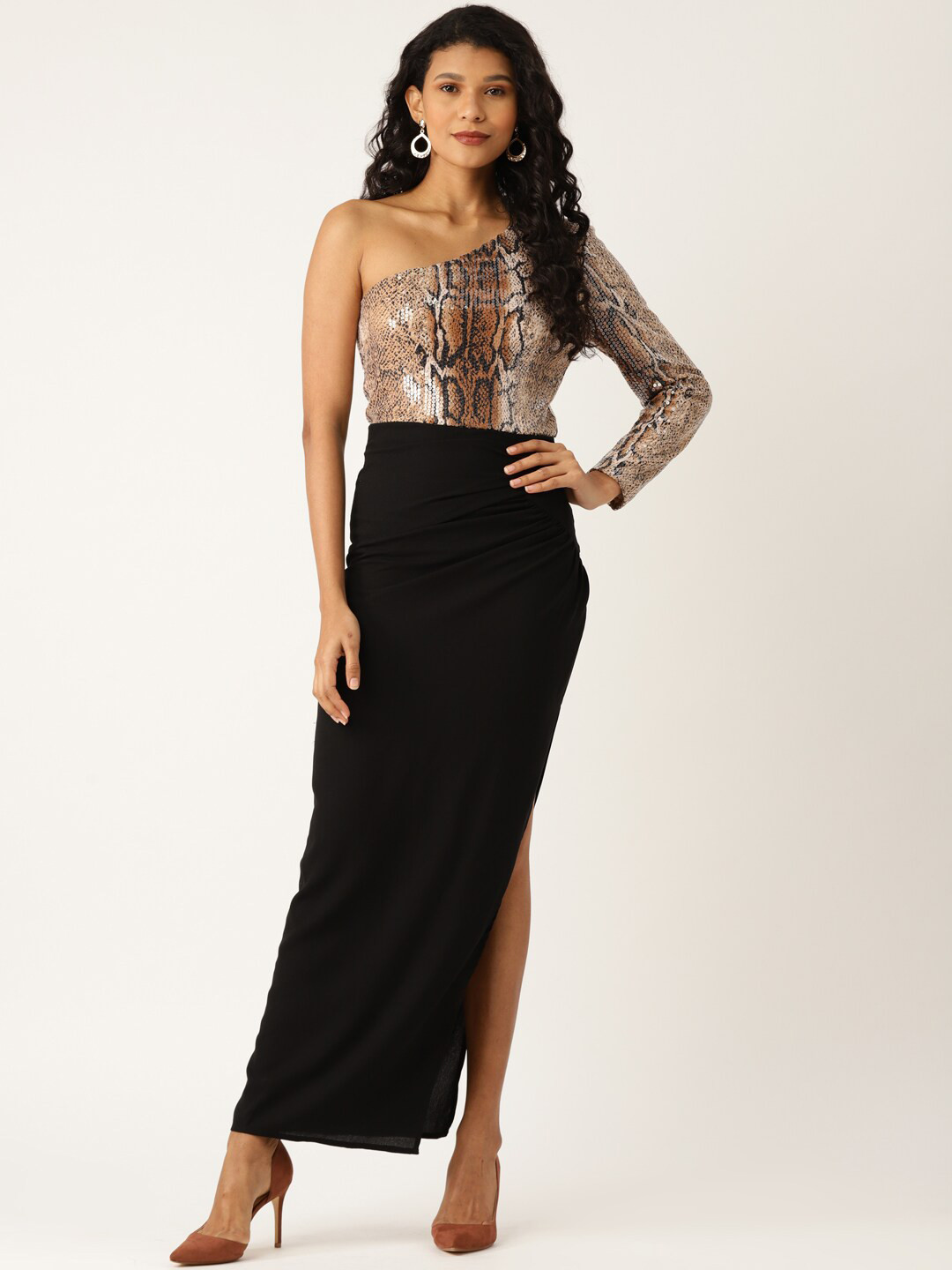 DODO & MOA Women Black & Brown Embellished One Shoulder Bodycon Maxi Dress