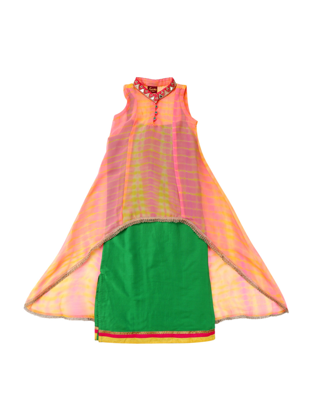 Twisha Girls Coral Pink & Green Printed Maxi Dress
