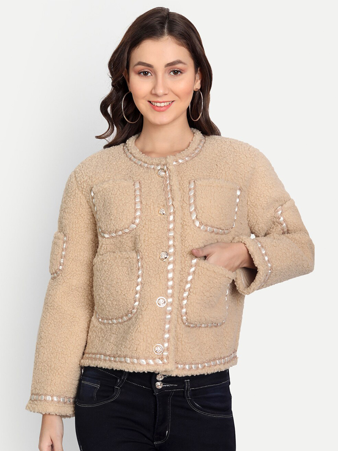 iki chic Women Beige & White Cable Knit Cardigan Sweater