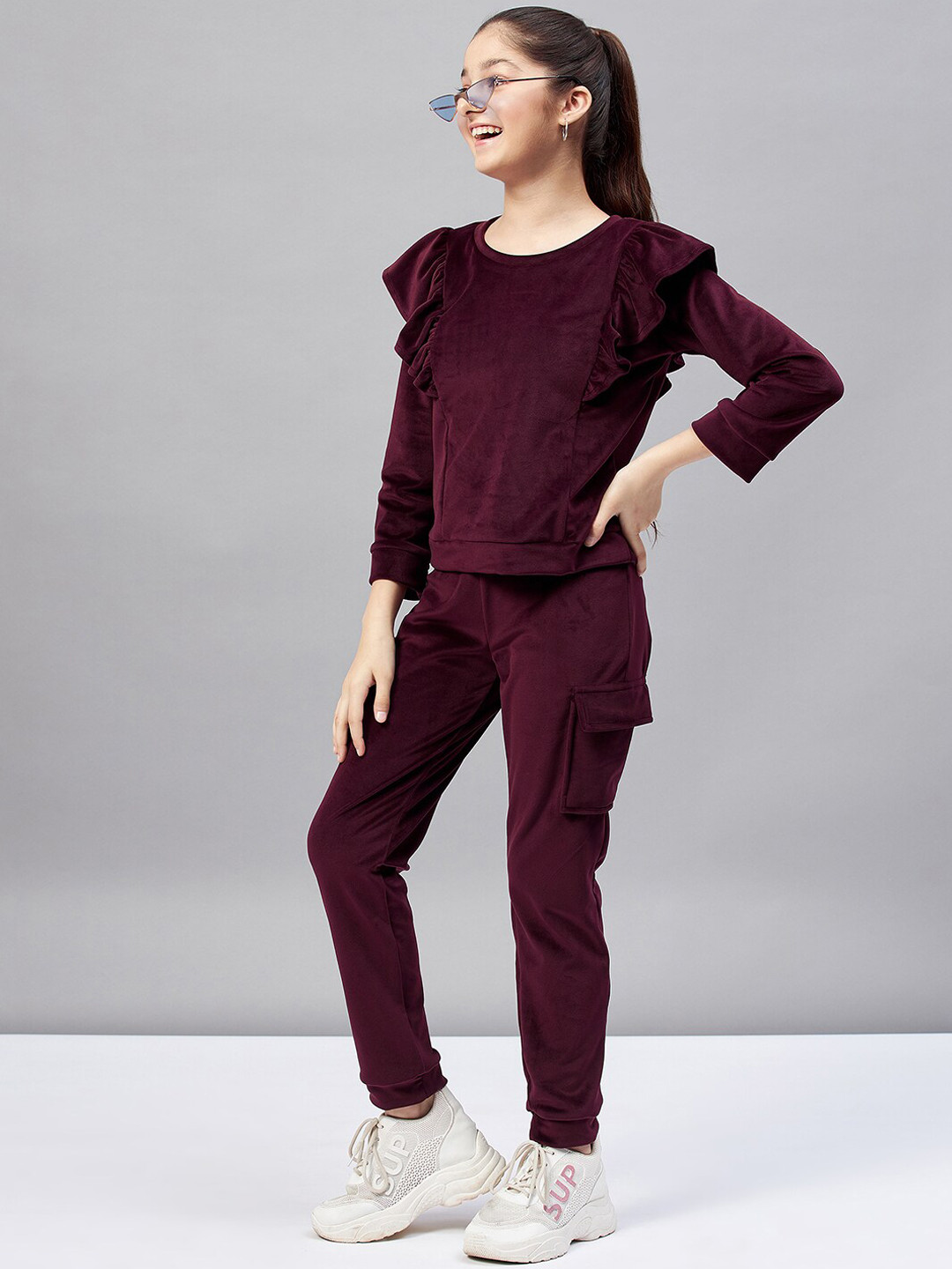 Stylo Bug Girls Maroon Solid Tracksuit