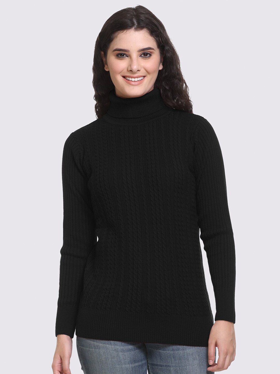 GODFREY Women Black Cable Knit Turtle Neck Long Sleeves Acrylic Pullover Sweater