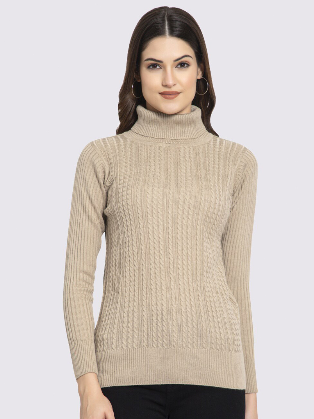 GODFREY Women Beige Cable Knit Turtle Neck Long Sleeves Acrylic Pullover Sweater