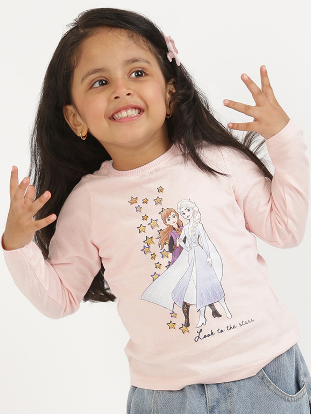 Nap Chief Girls Pink Frozen Printed Pure Cotton Slim Fit T-shirt