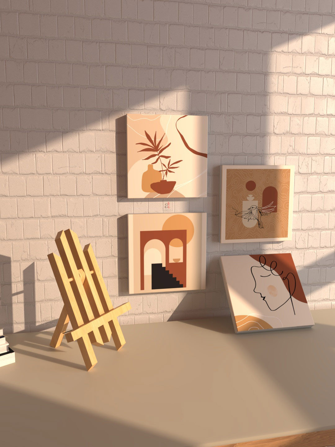 Art Street Set Of 4 Brown & Beige Boho Stretch Printed Canvas Wall Art With Stand