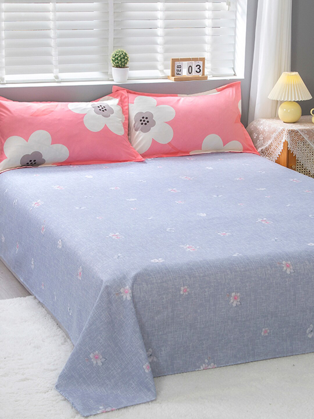 JC HOME Pink & Blue Printed Single Bedding Set