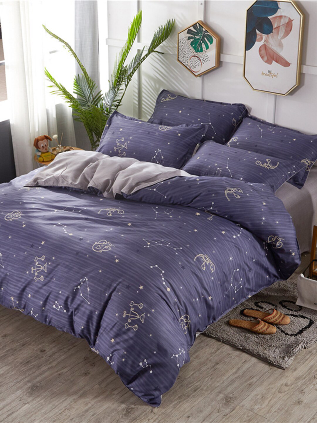 JC HOME Set Of 4 Blue Printed Double Queen Size Bedding Set