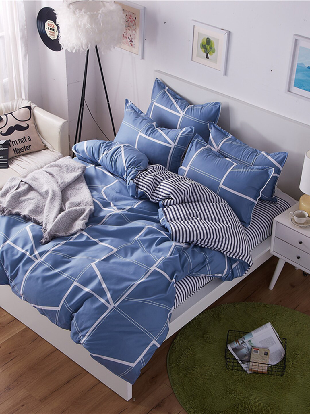 JC HOME Blue & White Striped Bedding Set