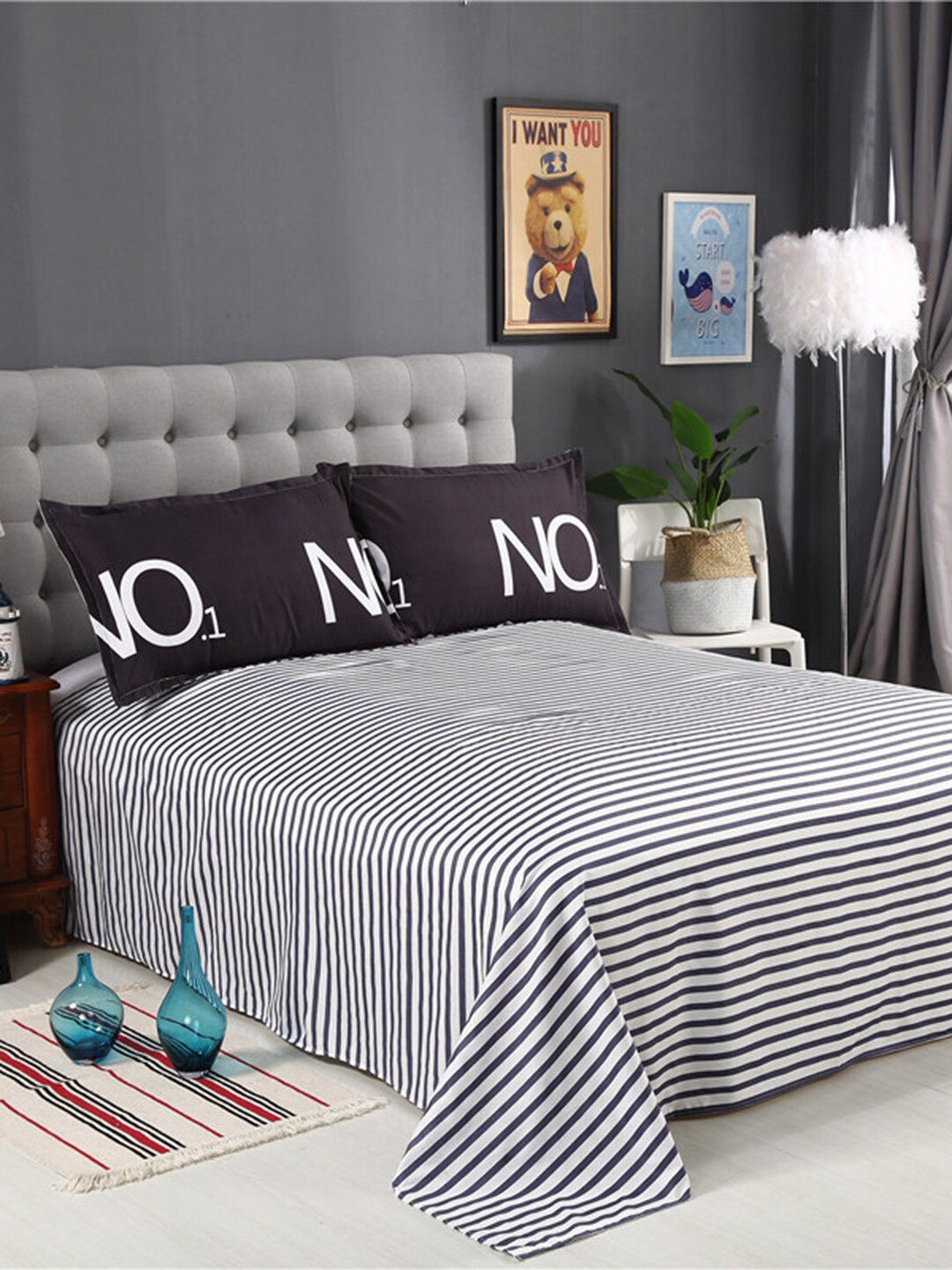 JC HOME Black & White Striped Bedding Set With 2 Pillow Covers