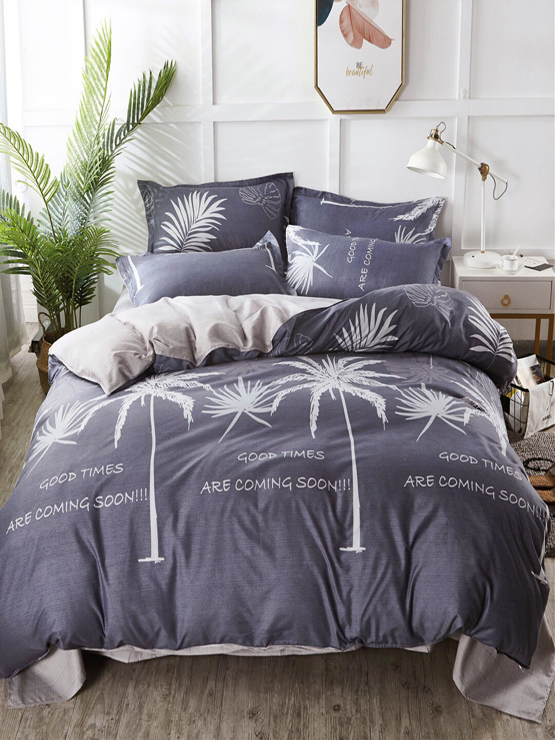 JC HOME Grey Printed Double XL Reversible Bedding Set