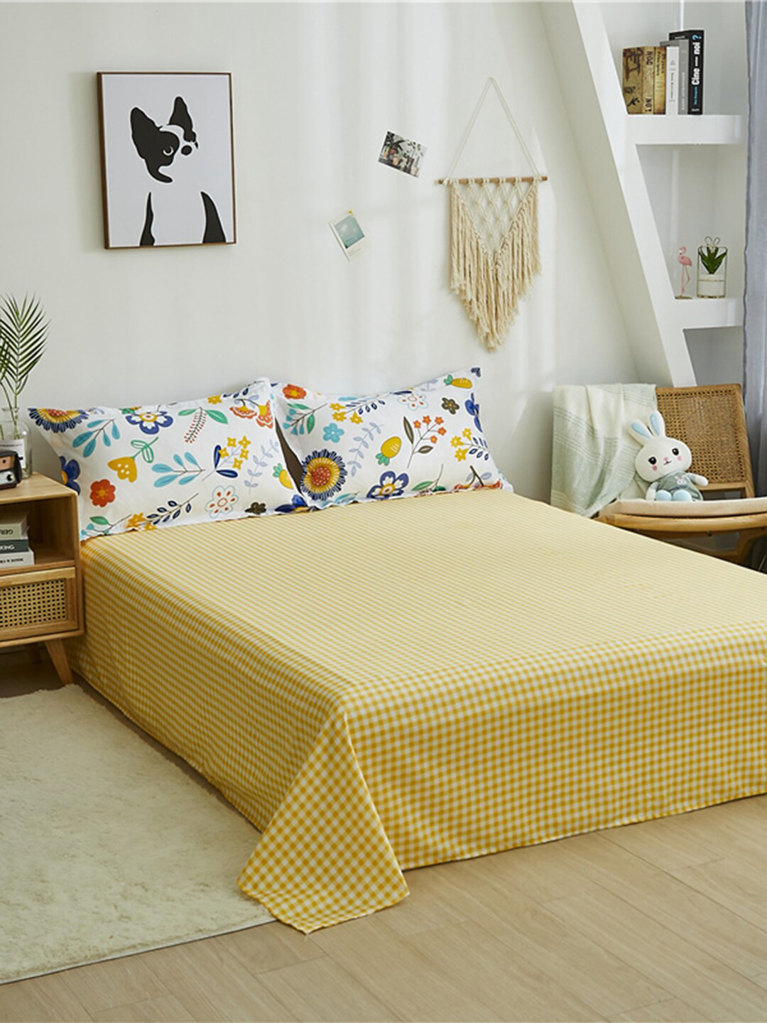 JC HOME Yellow & White Printed Double King Size Bedding Set
