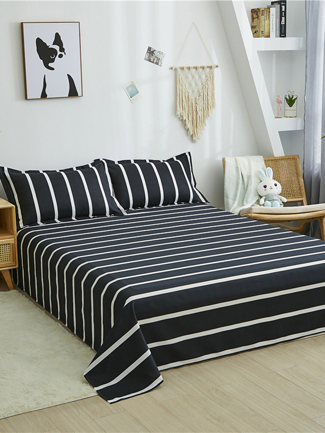 JC HOME Black & White Striped King Bedding Set & 2 Pillow Covers & Quilt Cover