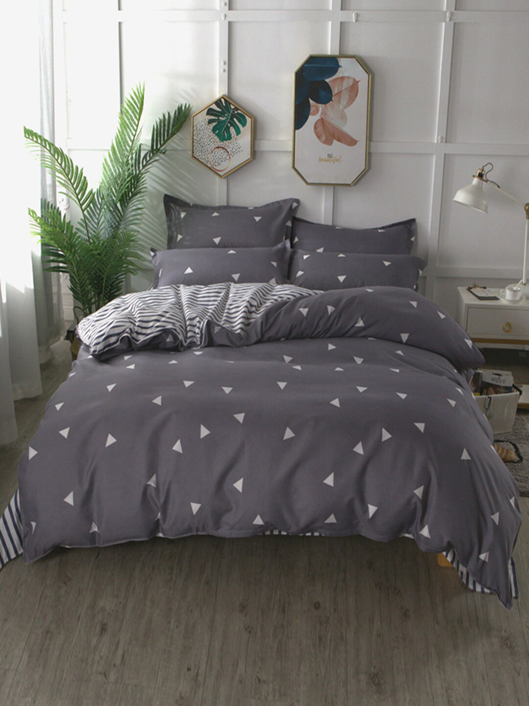 JC HOME Grey & White Geometric Printed Bedding Set & 2 Pillow Covers & Quilt Cover