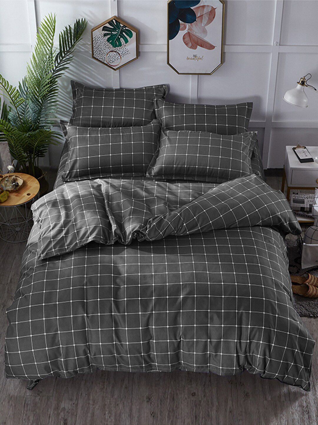 JC HOME Black Checked Double King Reversible Bedding Set