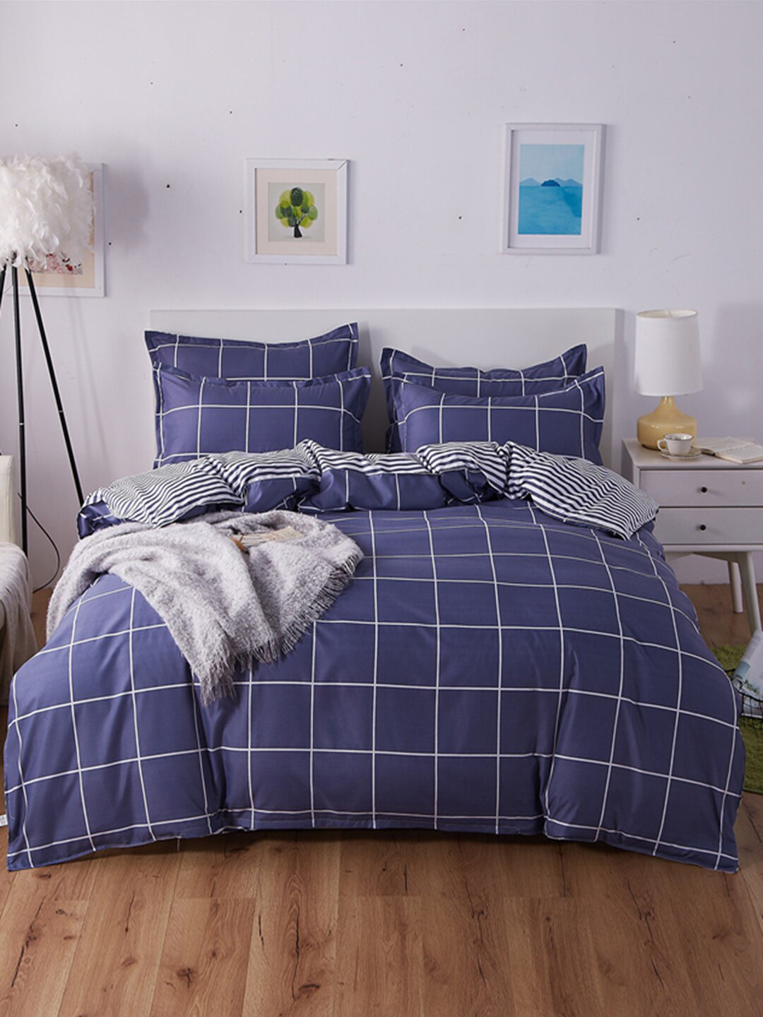 JC HOME Blue & White Checked Double Bedding Set & 2 Pillow Covers & Quilt Cover