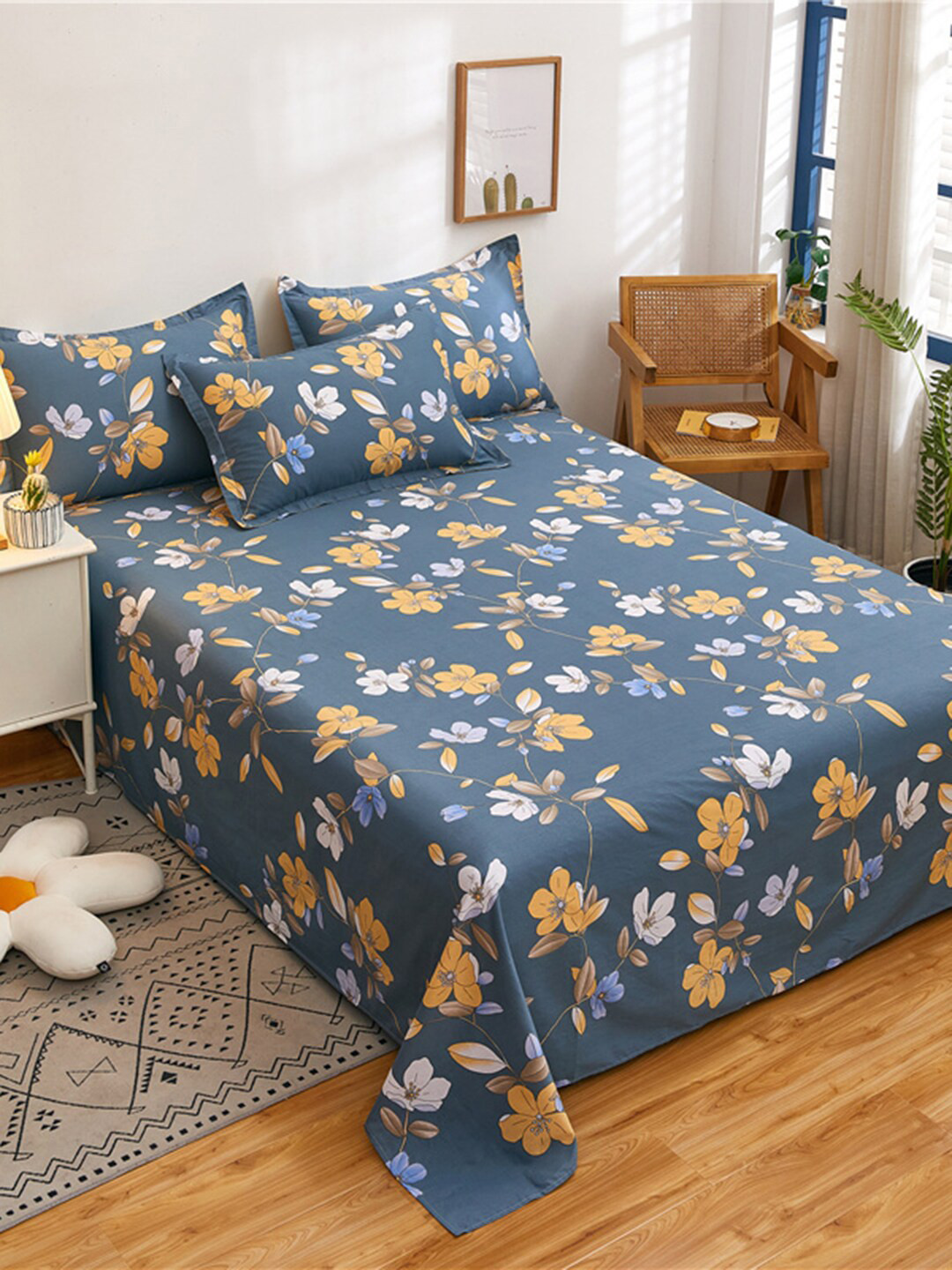JC HOME Navy Blue Printed Pure Cotton Bedding Set & 2 Pillow Covers & Quilt Cover