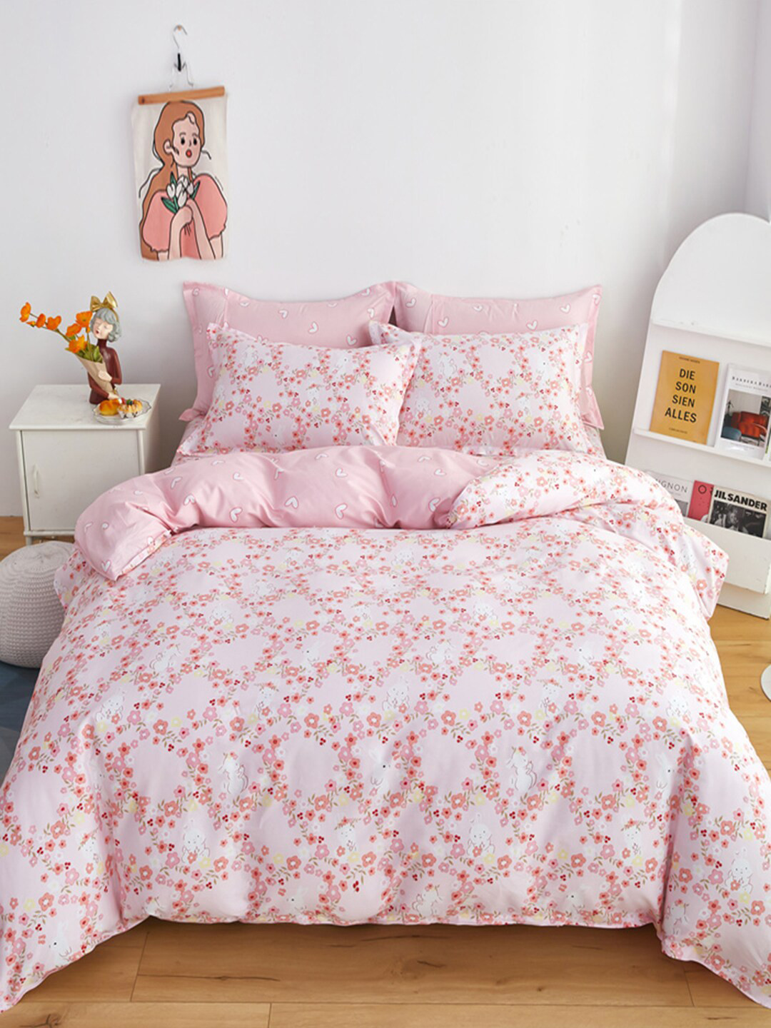 JC HOME Pink Printed Pure Cotton Bedding Set With 2 Pillow Covers & Quilt Cover