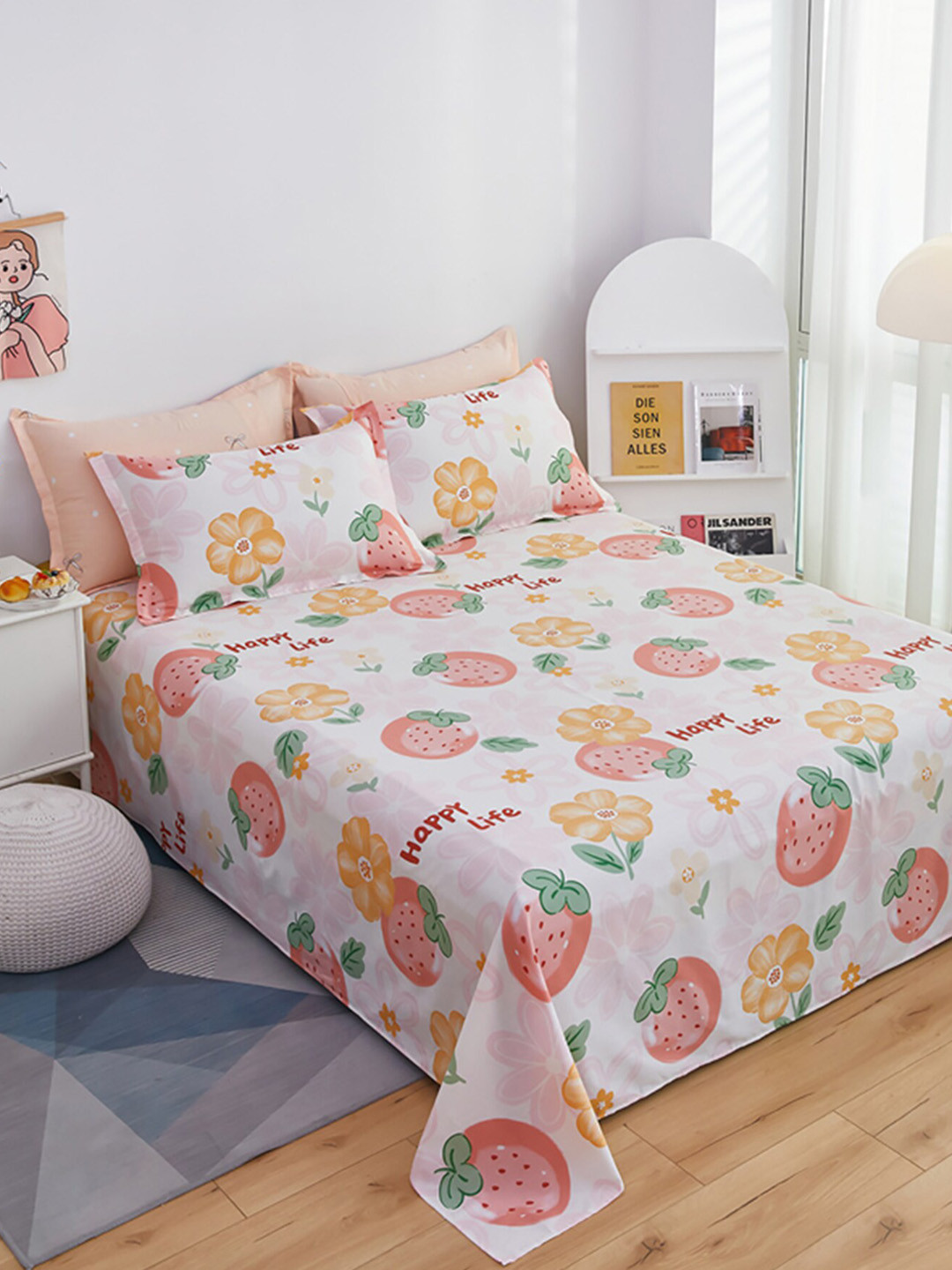 JC HOME Pink Printed Pure-Cotton Double Queen Size Bedding Set