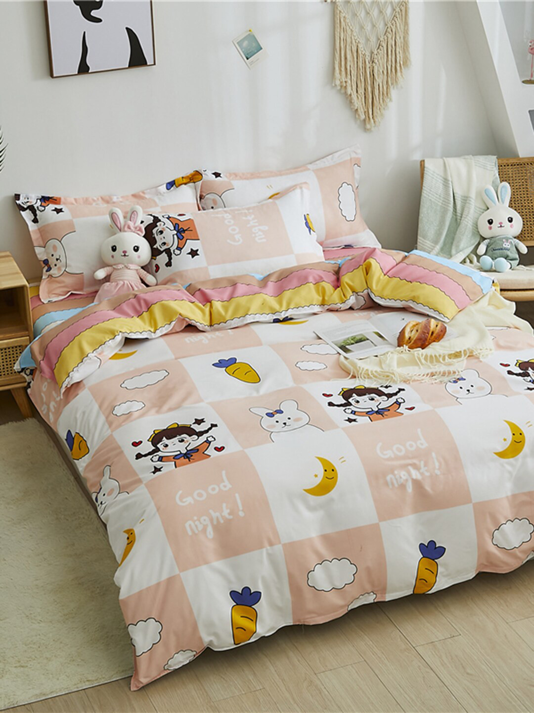 JC HOME Peach-Colored & White Printed Double XL Reversible Bedding Set