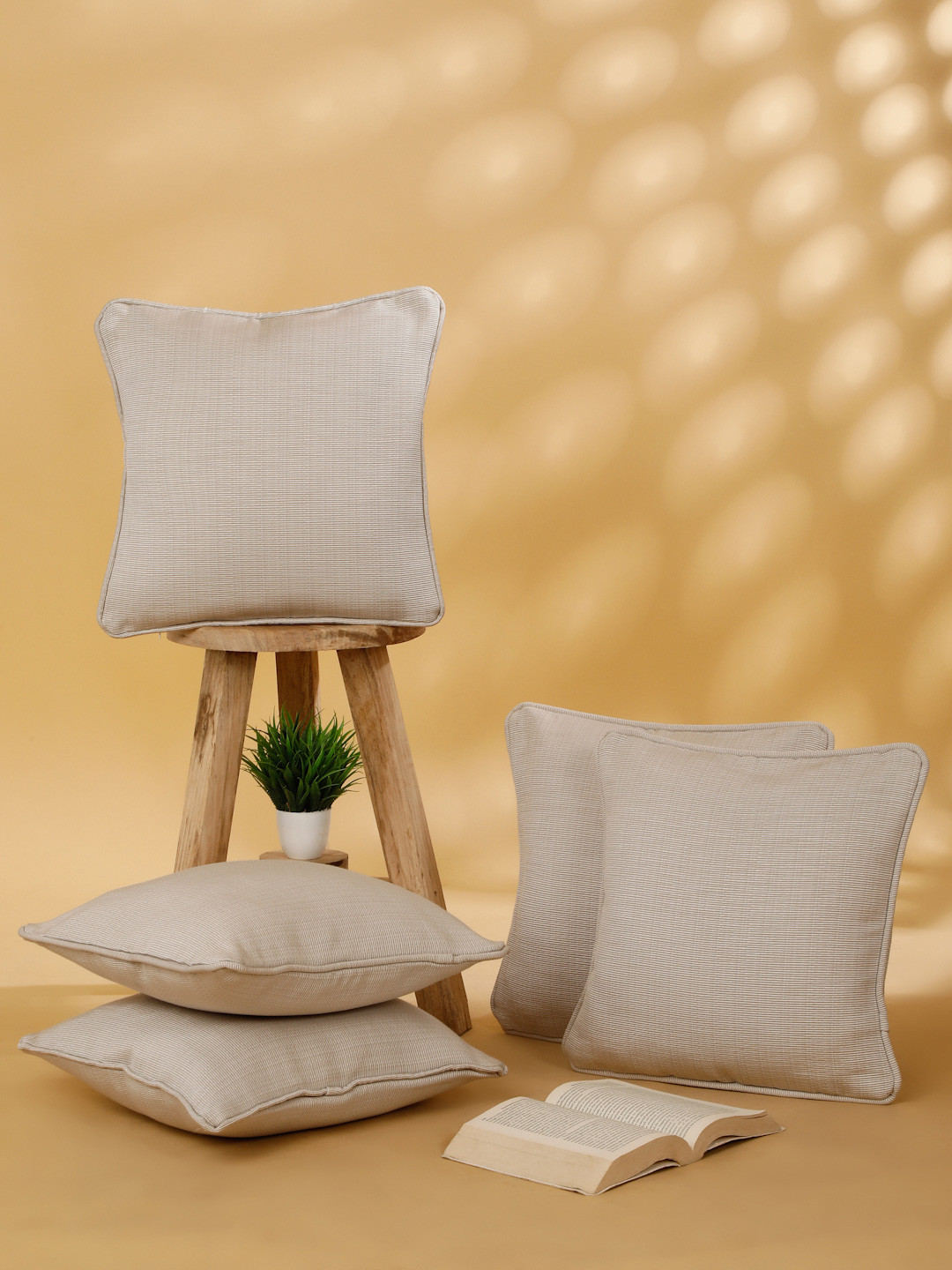 ROSARA HOME Cream Polyester Washable 5 Piece Textured Square Cushion Covers -16x16In