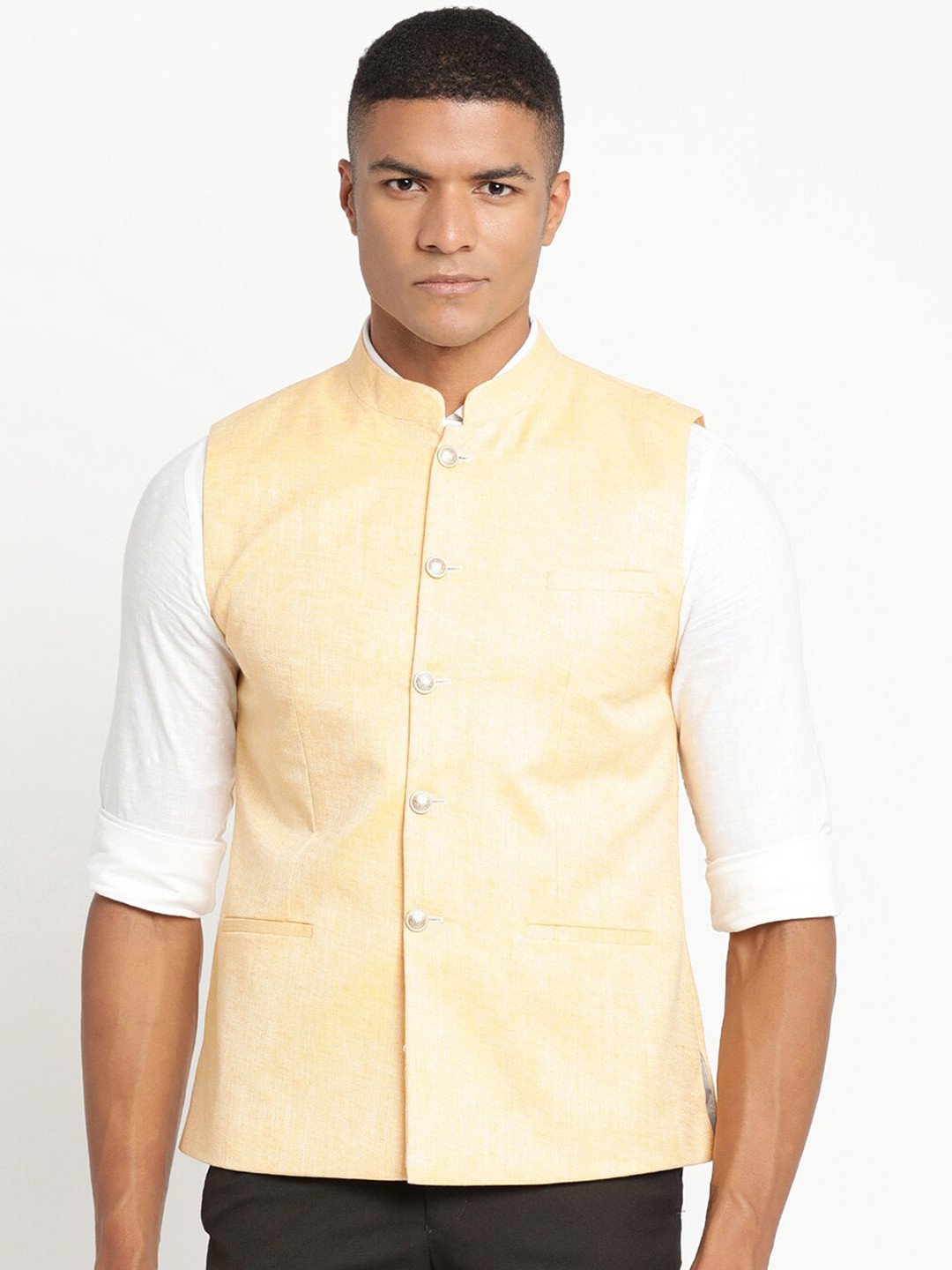 Turtle Men Peach Solid Woven Nehru Jacket