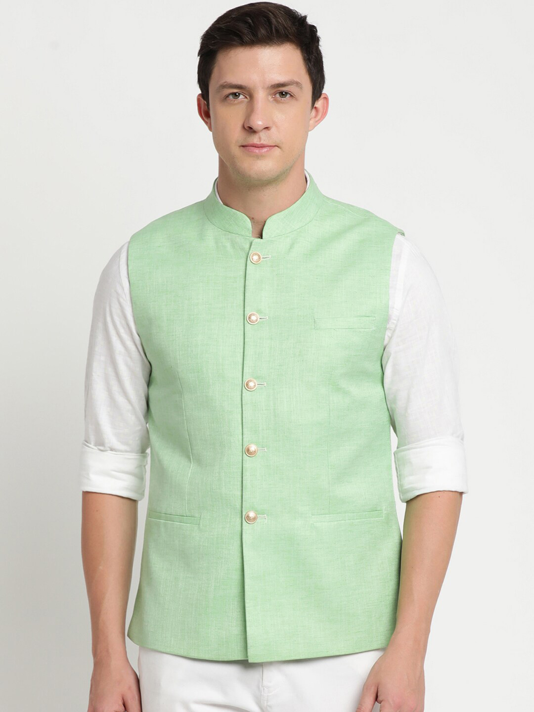 Turtle Men Sea Green Solid Nehru Jacket