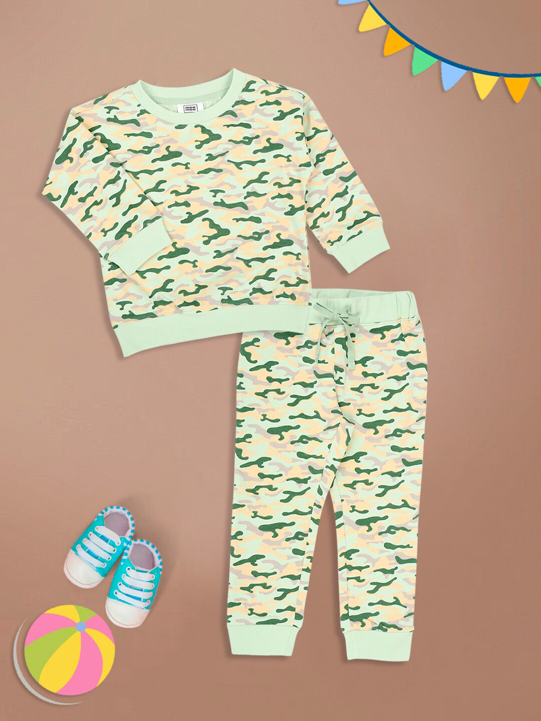 MeeMee Boys Olive Green & Peach-Coloured Printed Pure Cotton T-shirt with Pyjamas