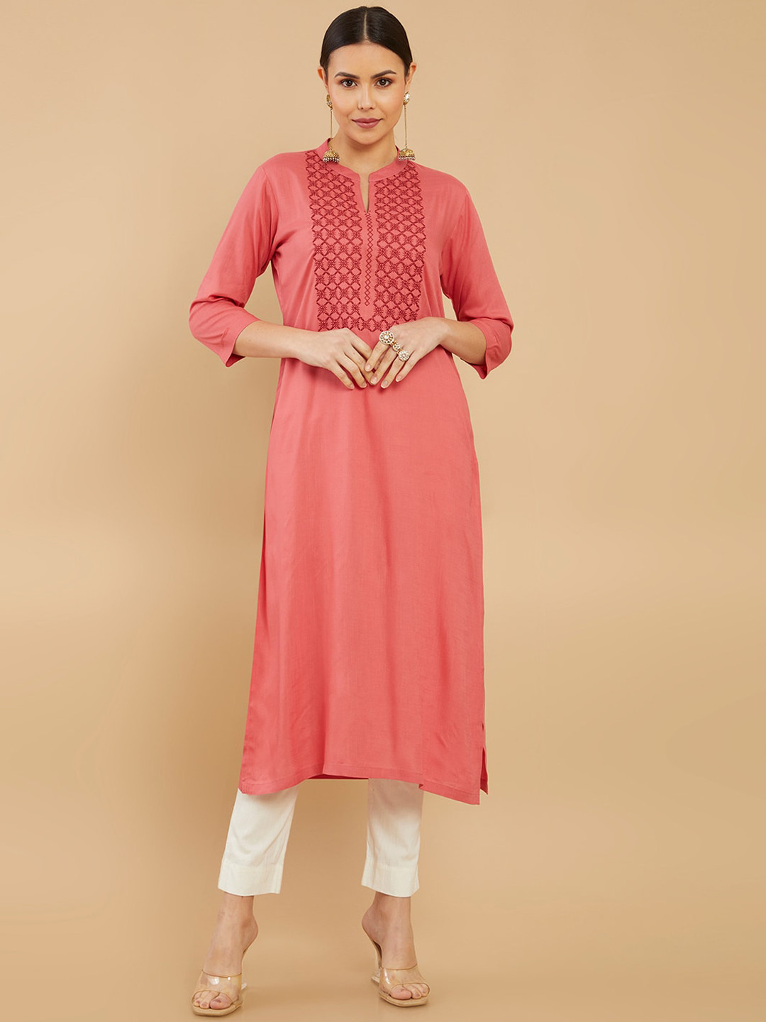 Soch Women Coral Flared Sleeves Patchwork Kurta