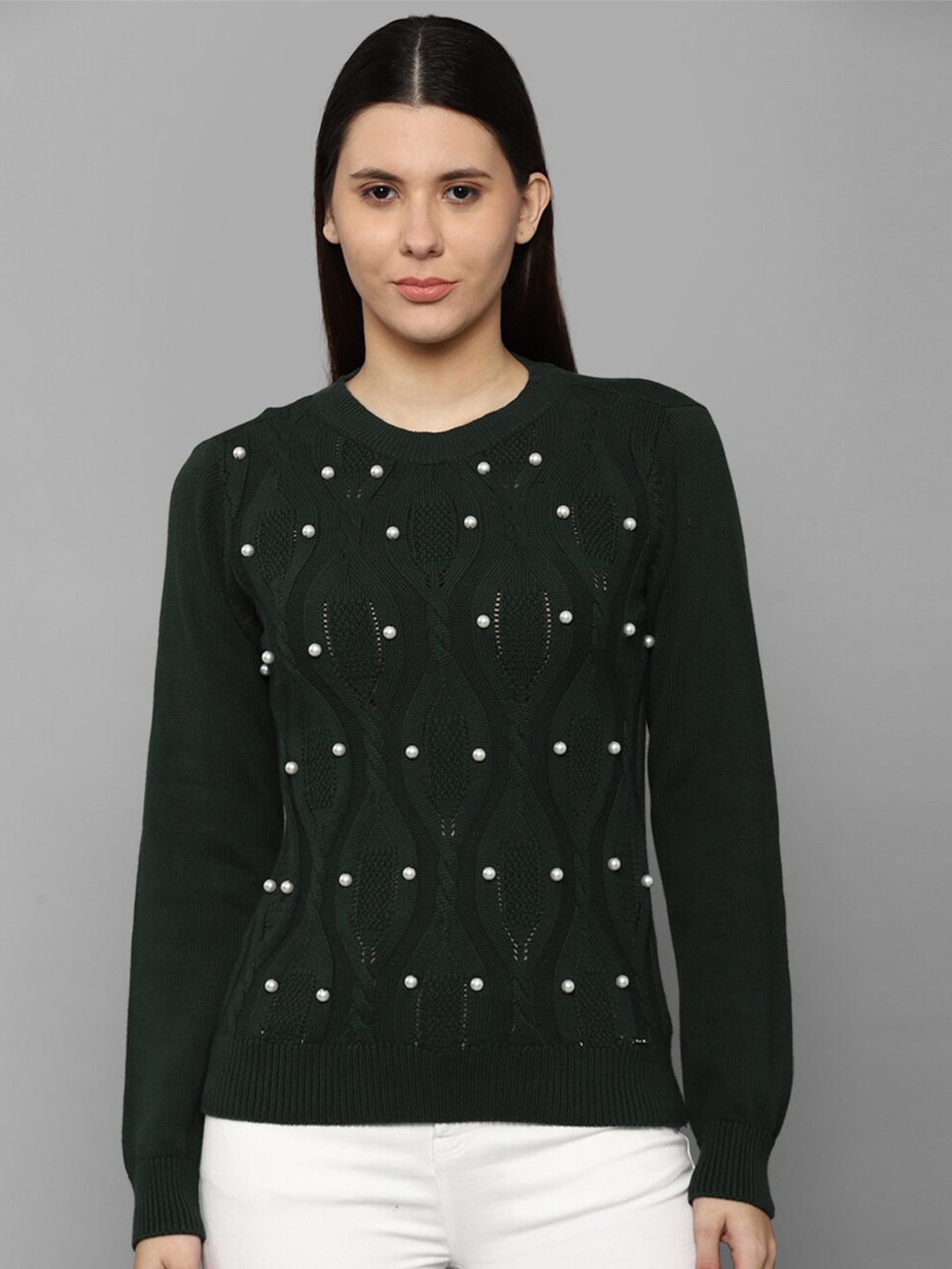 Allen Solly Woman Women Green Cable Knit Cotton Pullover with Embellished Detail