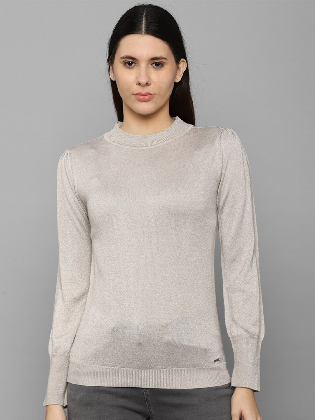 Allen Solly Woman Women Grey Solid Cotton Pullover Sweater