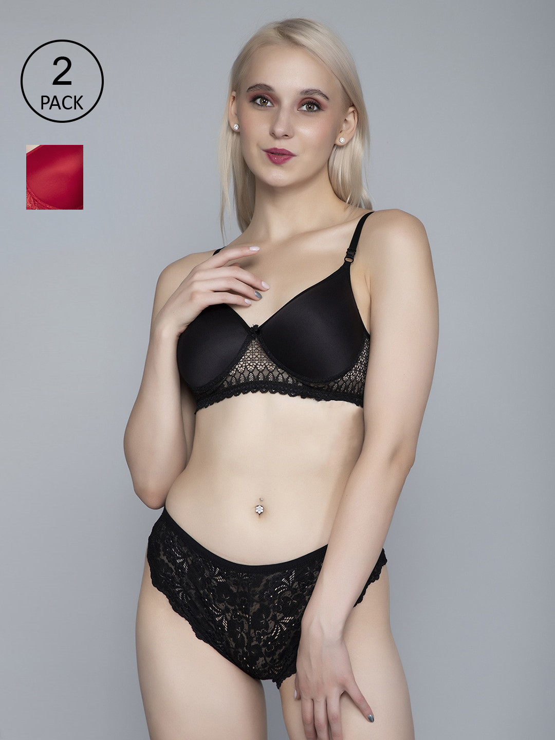 FIMS Pack of 2 Black & Red Lightly Padded Lace Lingerie Set