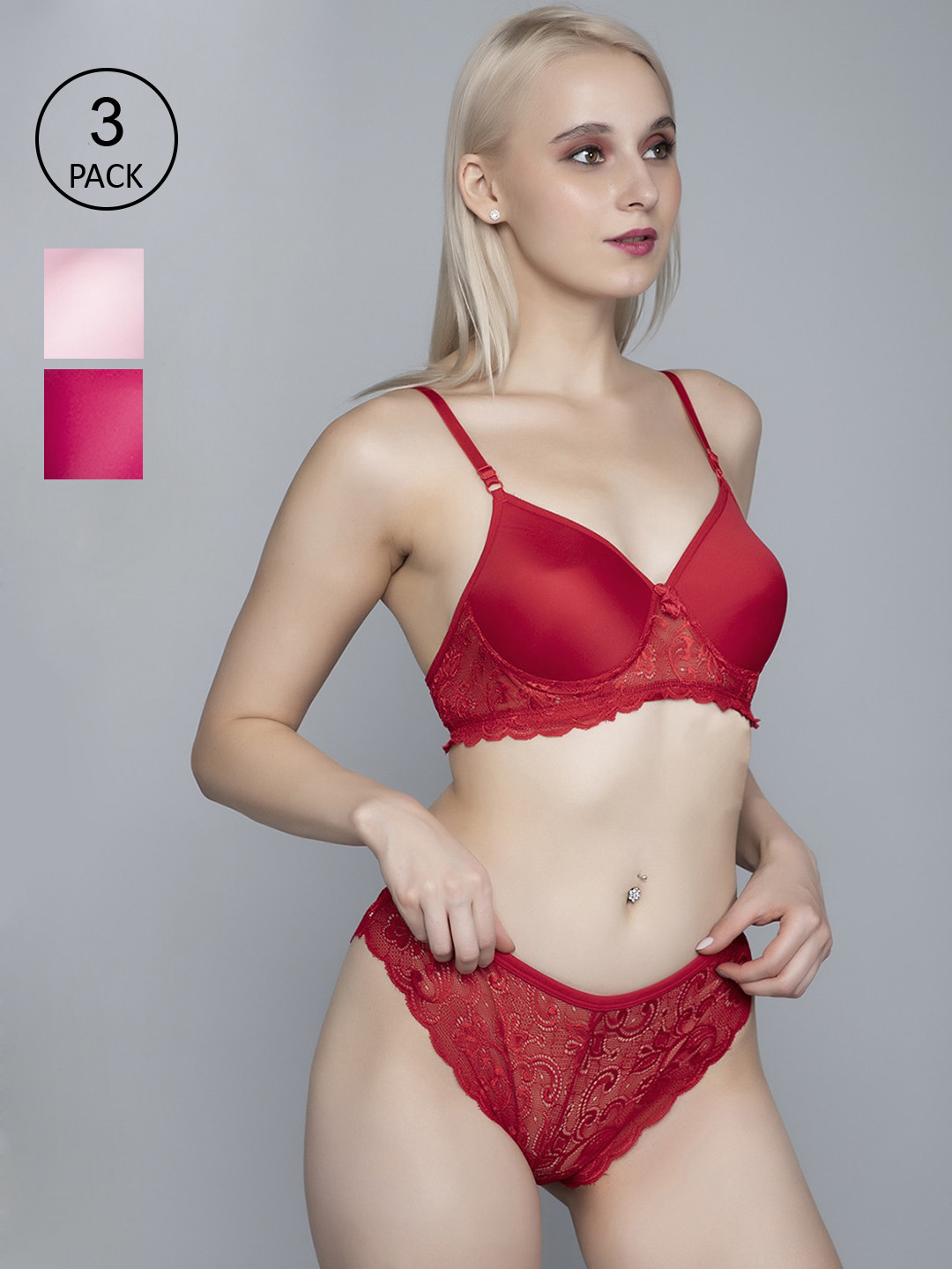 FIMS Women Pink & Red Pack Of 3 Solid Cotton Lingerie Set