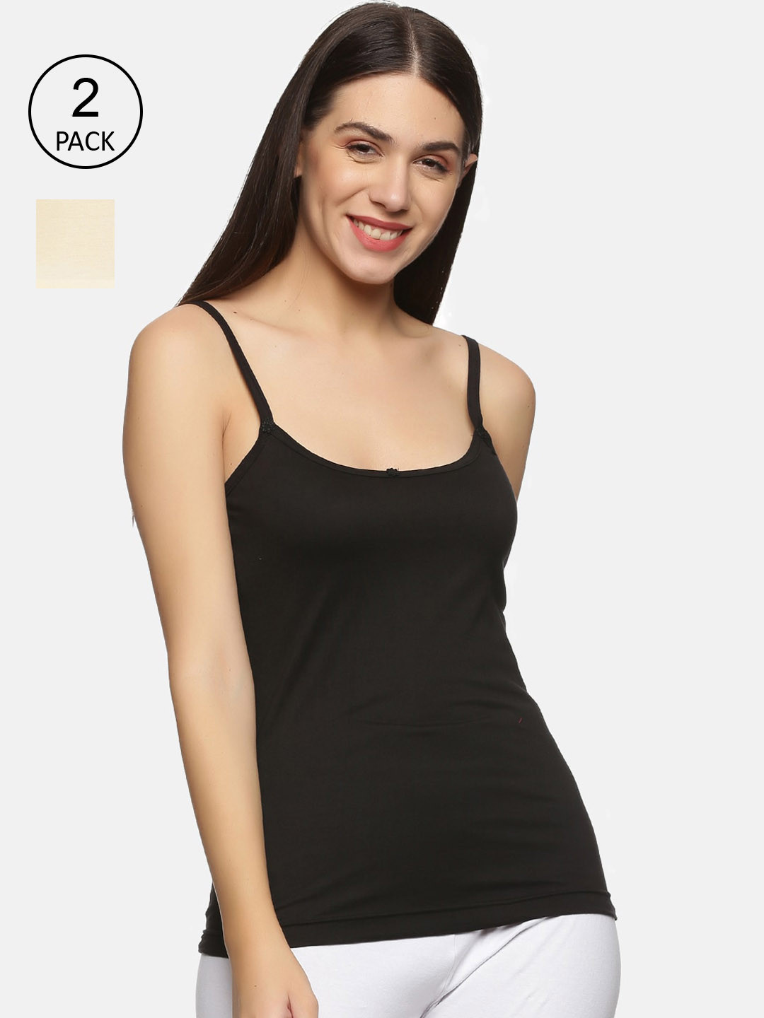 NOT YET by us Pack of 2 Women Cream Black Solid Camisoles