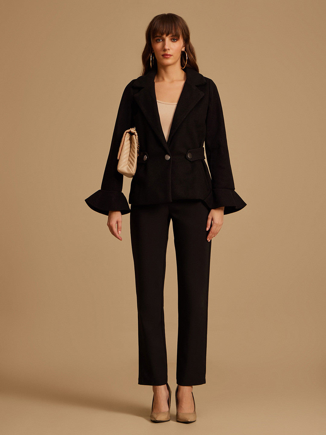Kazo Women Black Tailored Jacket With Peplum Sleeves
