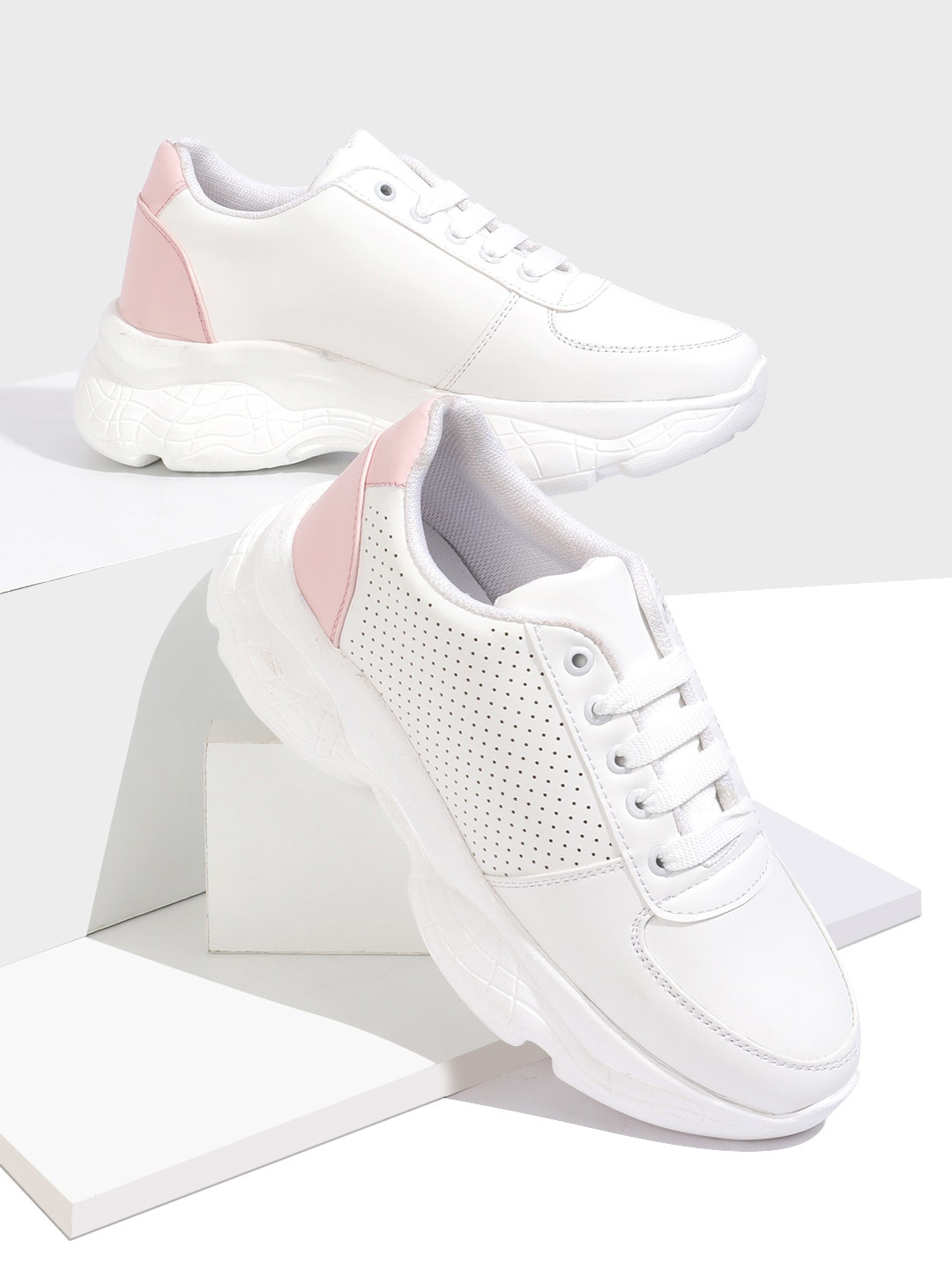 RapidBox Women White & Pink Lace Up Sneakers