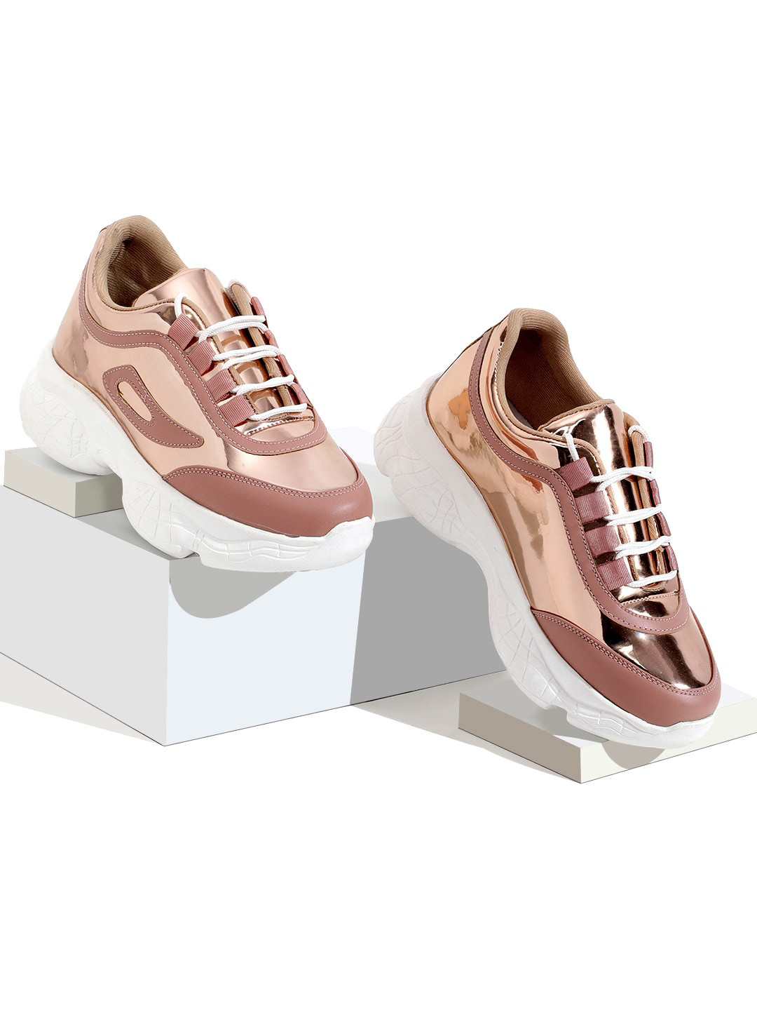 RapidBox Women Gold-Toned & Pink Colourblocked Sneakers