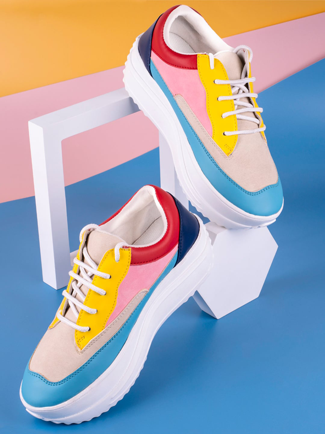 RapidBox Women White & Pink Colourblocked Sneakers